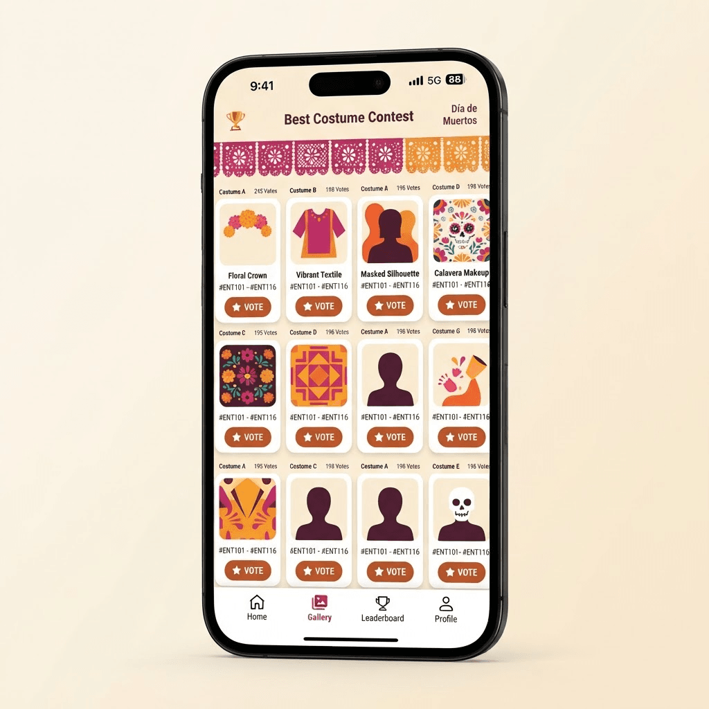 Pantalla de votación de disfraces con galería de participantes