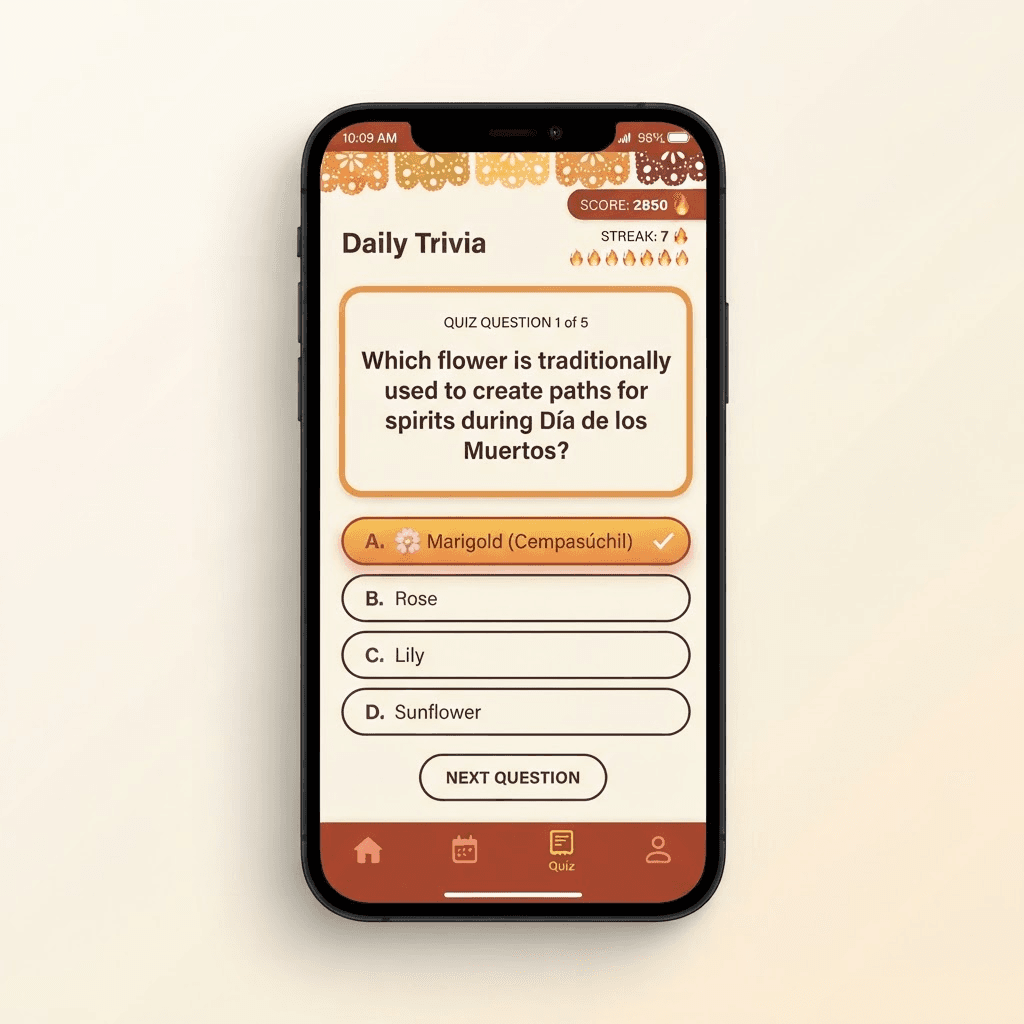 Pantalla de la trivia diaria con opciones de respuesta, racha y ranking