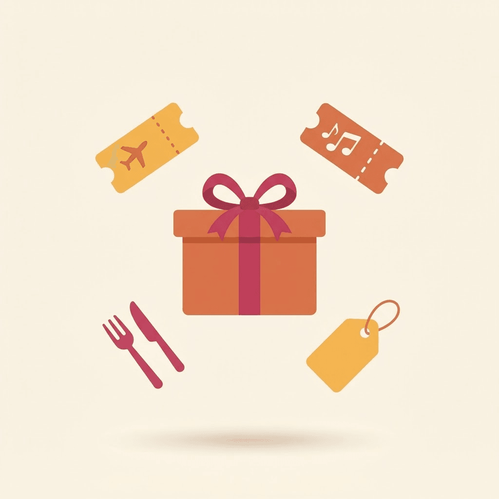 Ilustración de una caja de regalo con íconos de experiencias: viajes, boletos y gastronomía